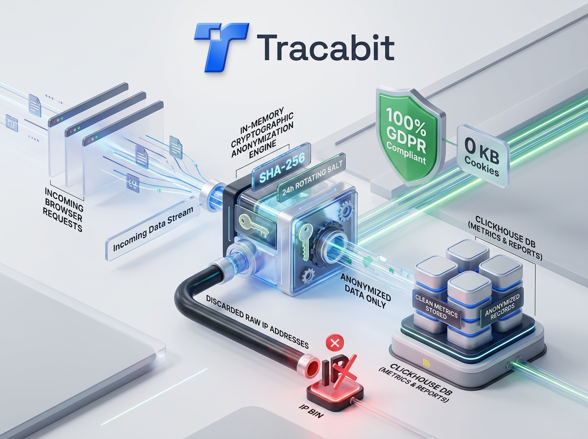 Tracabit sovereign in-memory cryptographic anonymization engine with SHA-256 and zero cookies