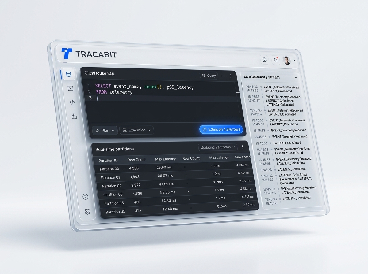 Tracabit ClickHouse developer query console and real-time partition streams